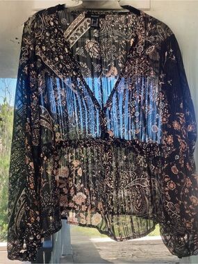Forever 21 Black Floral Paisley Blouse with Peach Accents